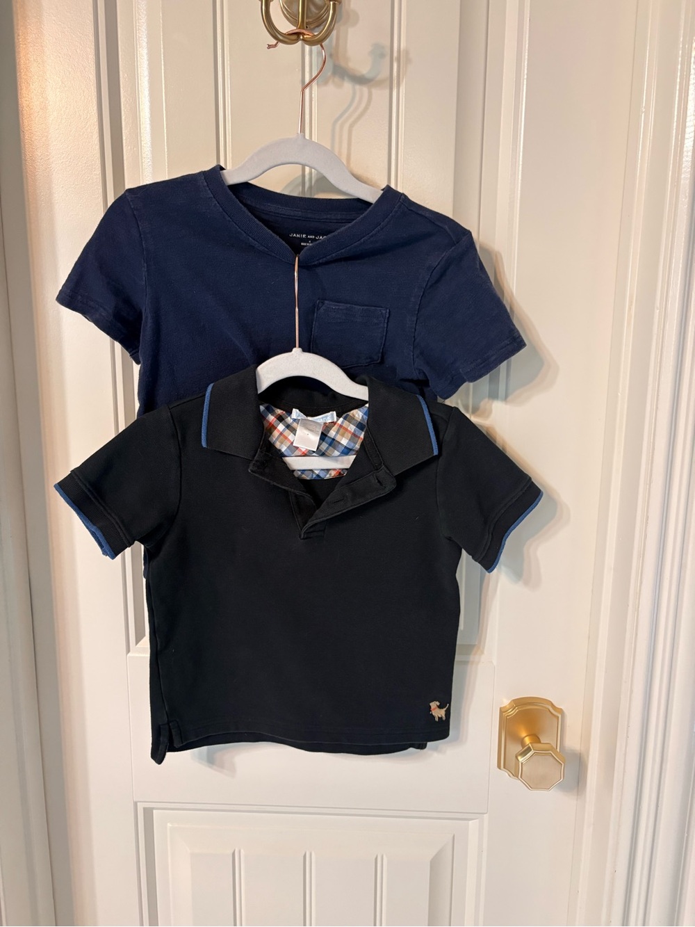 Pair of Janie and Jack Shirts: Navy Tee & Black Polo Set with Blue Trim